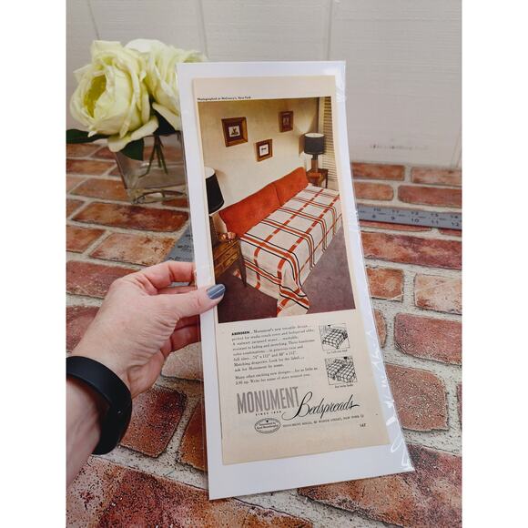 1950 Monument Bedspreads Oh So MCM Daybed Couch Plaid Orange Retro Vtg Print Ad - Picture 2 of 6